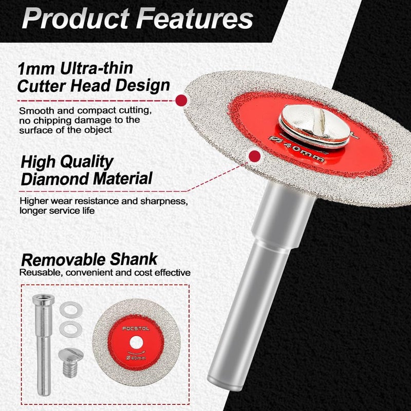 FOCSTOL Mini Diamond Glass Cutting Disc - 5pcs 1-9/16 Inch(40mm) Glass Saw Blade and 1pc 1/4 Inch(6mm) Round Shank for Glass Jade Marble Granite Artificial Stone Porcelain Tile Ceramic - Image 5